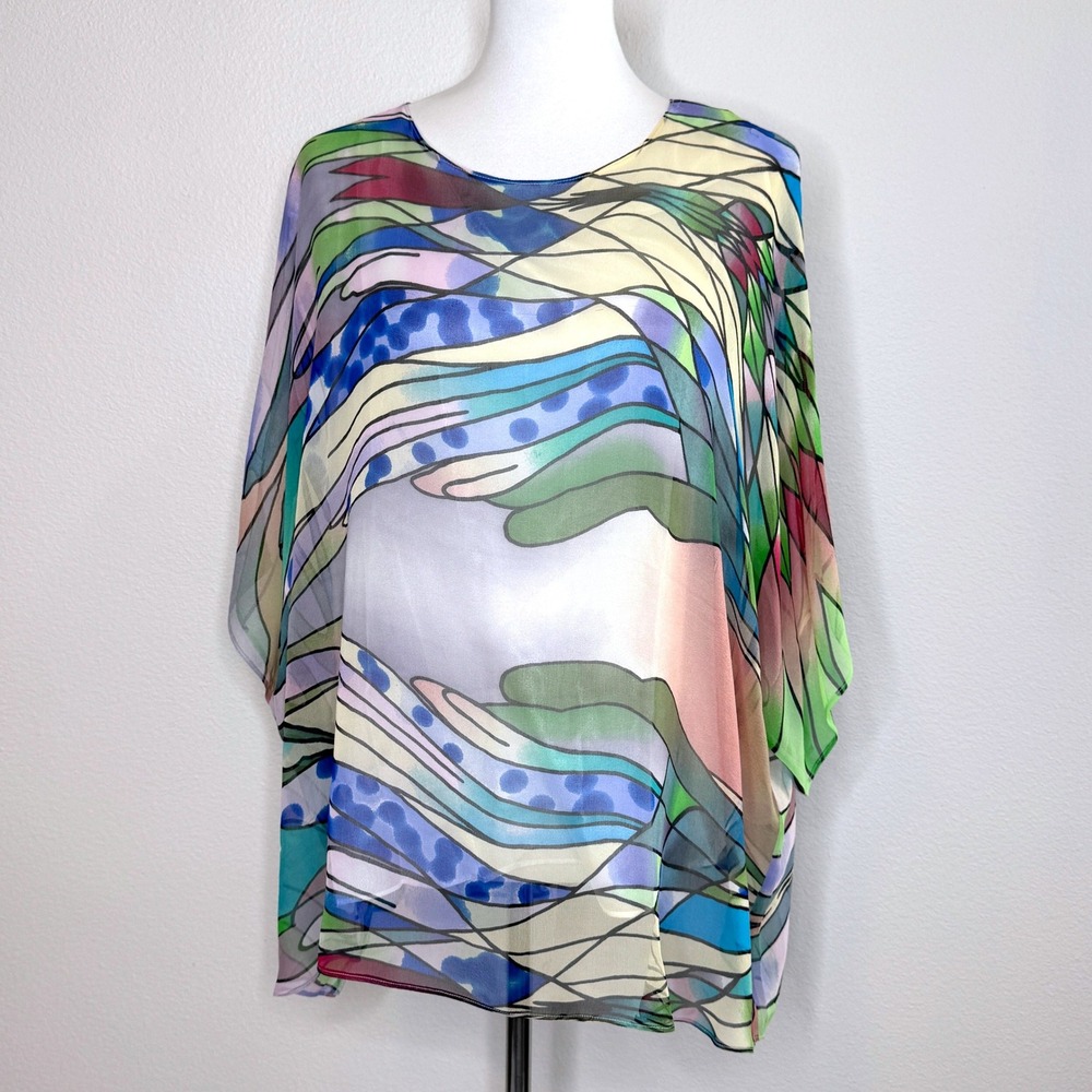 COCOON HOUSE 100% Silk Sheer Top Overlay Poncho S/M Artsy Wearable Art NWT Flaws